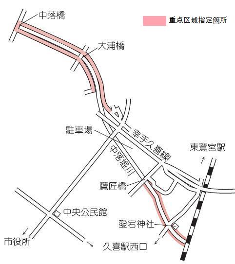 中落堀川沿いの遊歩道及び道路（久喜駅西側）地図